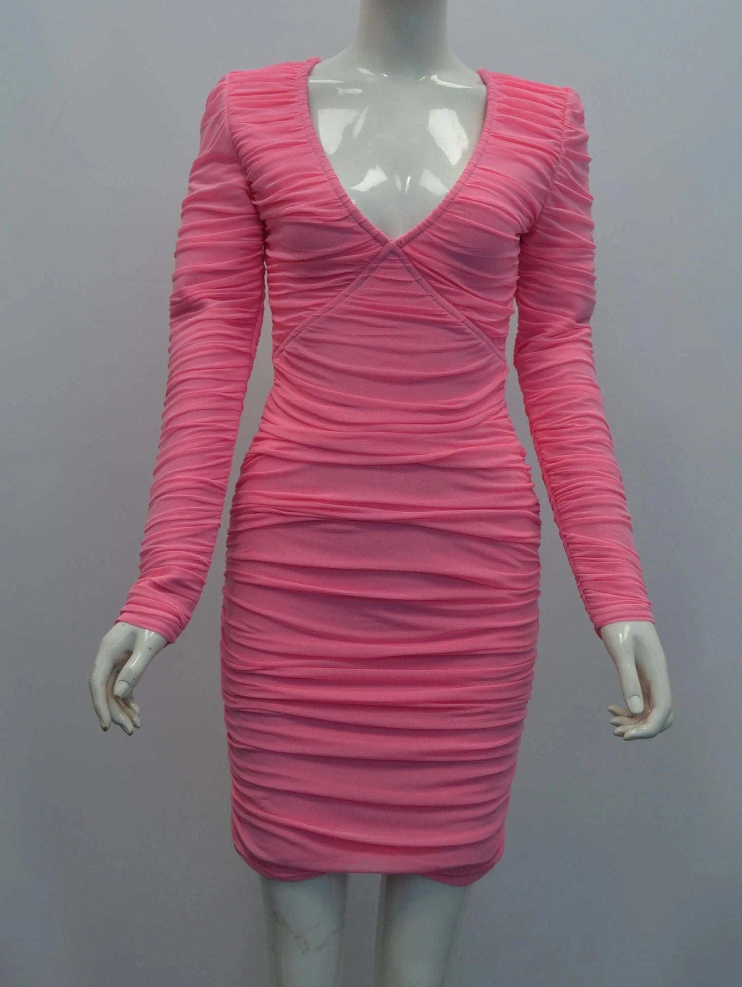 M / Pink High Quality Ladies Long Sleeve Sexy V Neck Slim Bandage Dress Mini