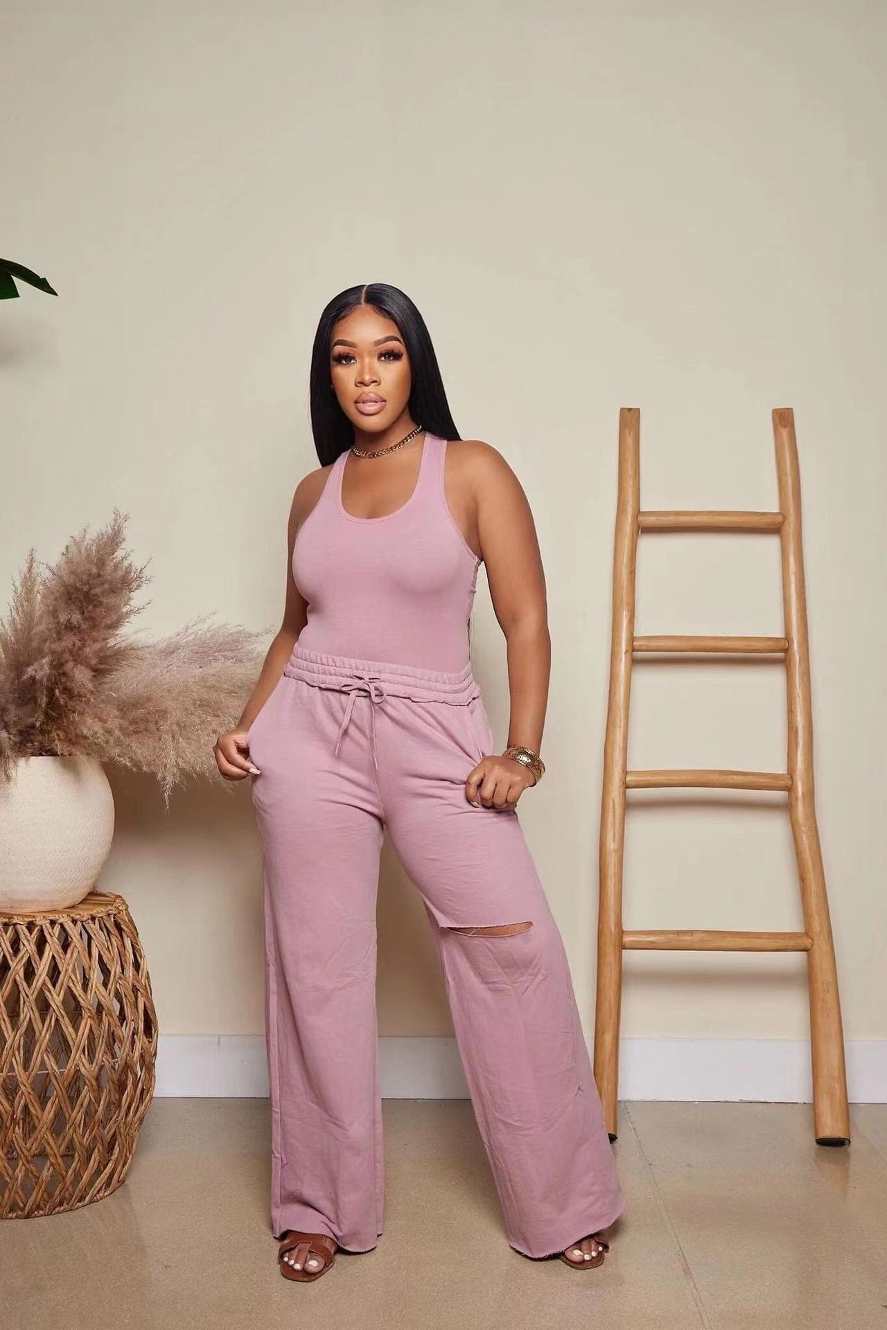 M / Pink J&H 2023 new arrivals tank top and wide leg pants 2 piece set ladies plain outfits slim fit casual wear