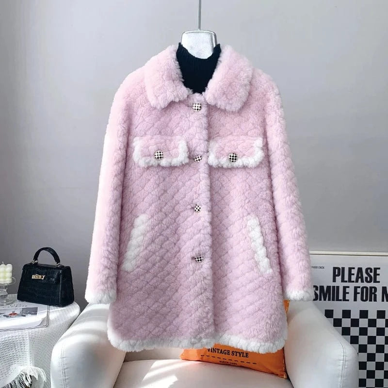 M / Pink Lady Girl Sheep Shearling Elegant Coats Female Women Lamb Wool Fur Warm Jacket Winter Overcoat JT3203