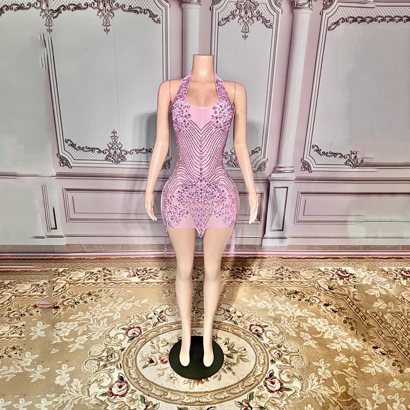 M / Pink Novance Y3239 Latest America New Fashion Ladies Fashion Dresses Diamonds Mesh Beaded dresses Luxury High Neck Shirts for Party