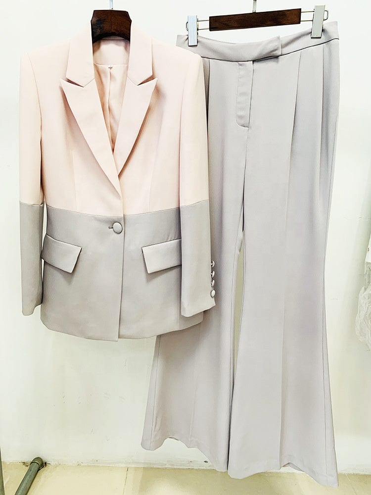 M / Pink OUDINA New Professional Ladies Fashion Office Formal Suit One Button Flared Trousers Blazer Two Piece Suits Set For Women