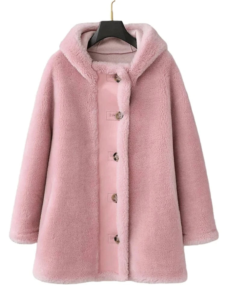 M / Pink PDUI Women Real Wool Fur Coat Winter Warm Female Girl Sheep Shearing Hood Jacket Parka OverCoat CT147