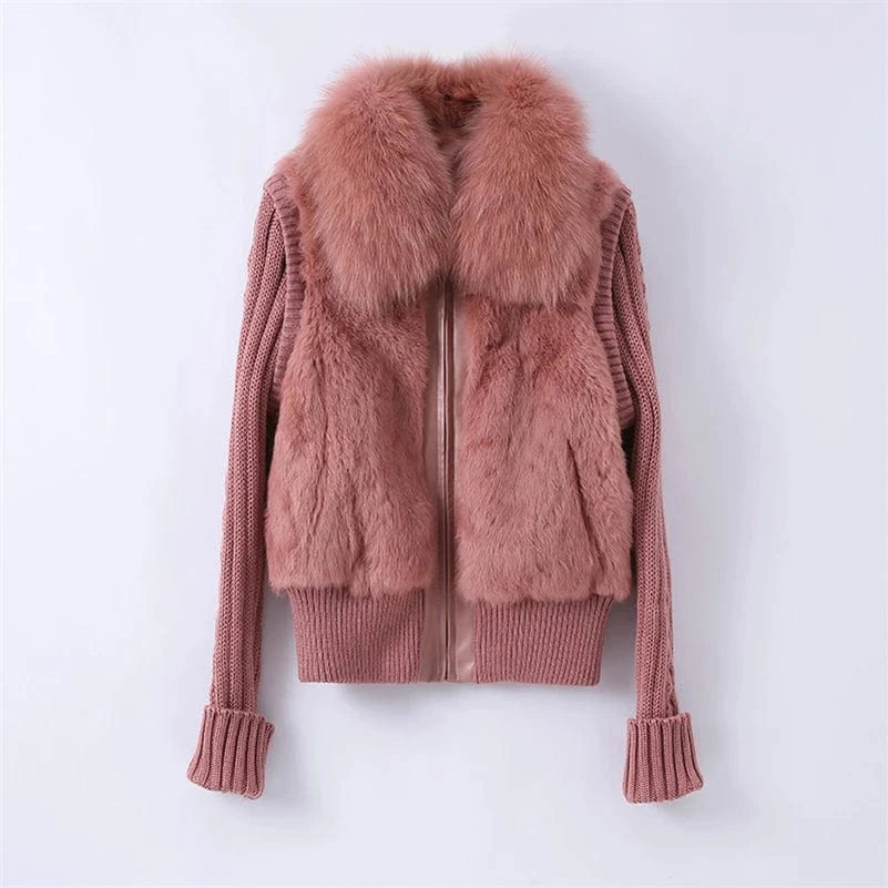 M / Pink Pudi women Real Rabbit Fur Jacket Coat Female Winter Fox Collar Sweater Parka Vest Jackets CT138