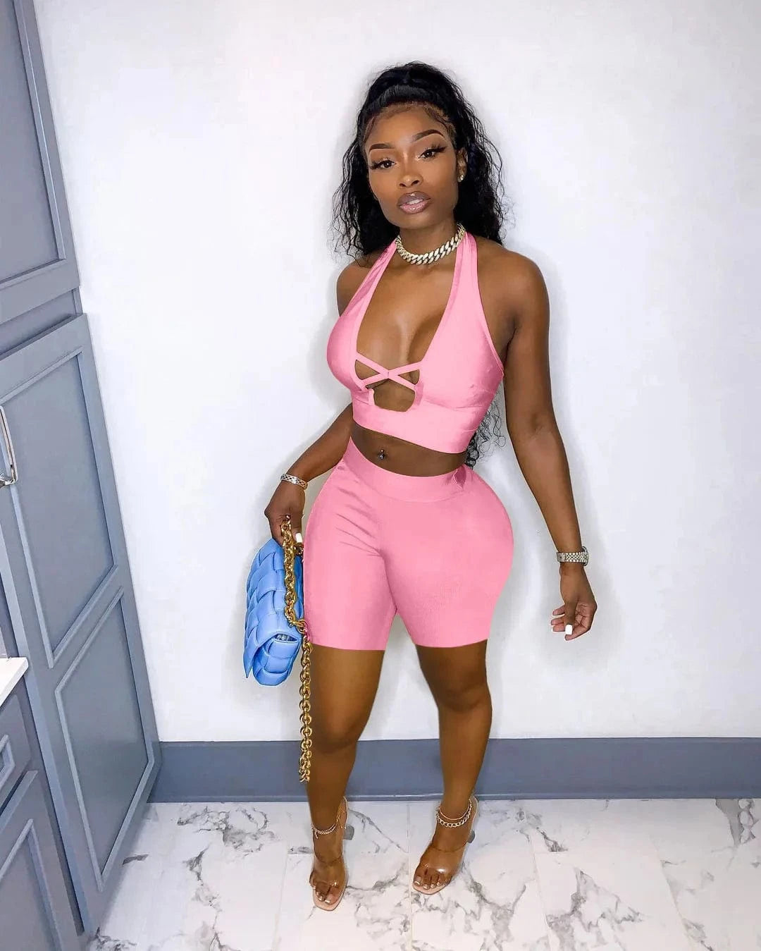 M / Pink Pure color sexy cross hollow two-piece suit