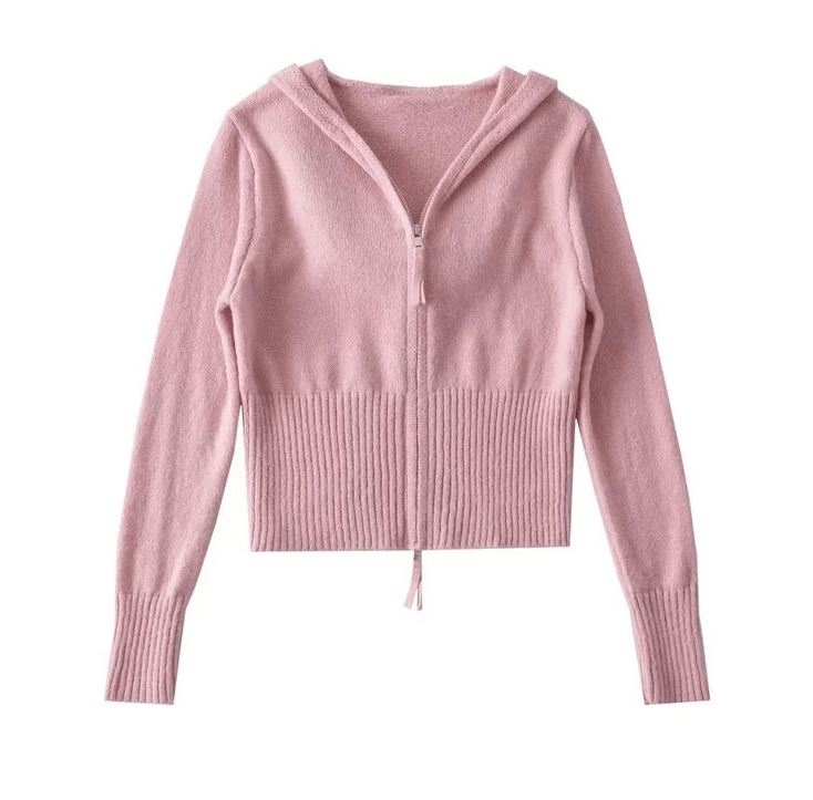 M / Pink Runwaylover 1333 Autumn Winter 2023 Ladies Zipper Front Knitted Cardigan With Hood