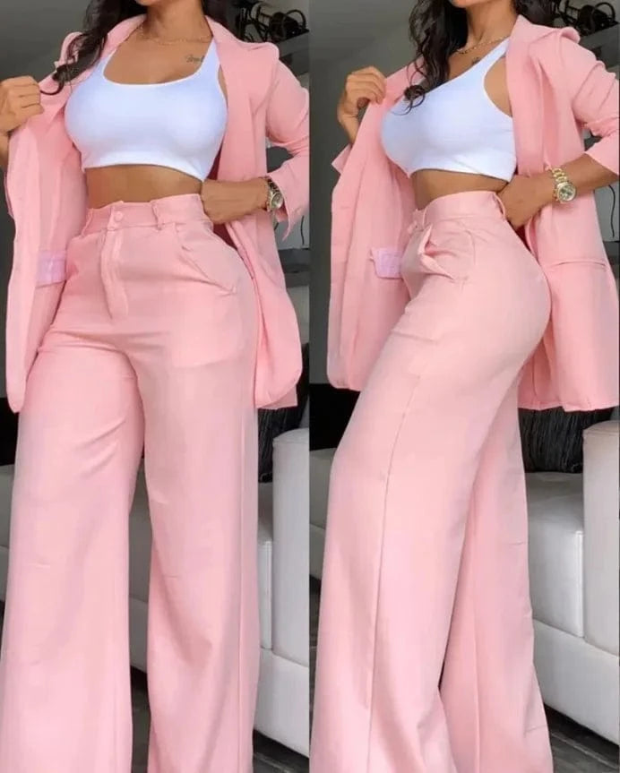 M / Pink S-3XL Women's Elegant and Elegant Solid Color Split Sleeve Flip Collar Suit Pocket Straight leg Trouser Set