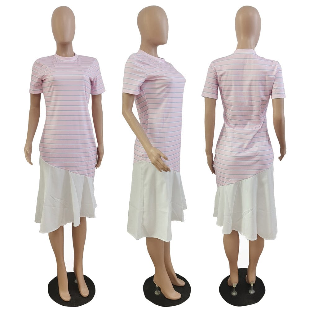 M / Pink S M L XL Multi color striped printed short sleeve dress without belt