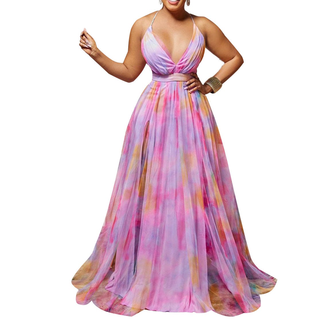 M / Pink S to 3XL Casual Tie Dye Women Spaghetti Strap V-neck Big Swing Fit Flare Maxi Long Dress 2023 Party Prom Sexy Elegant Dresses