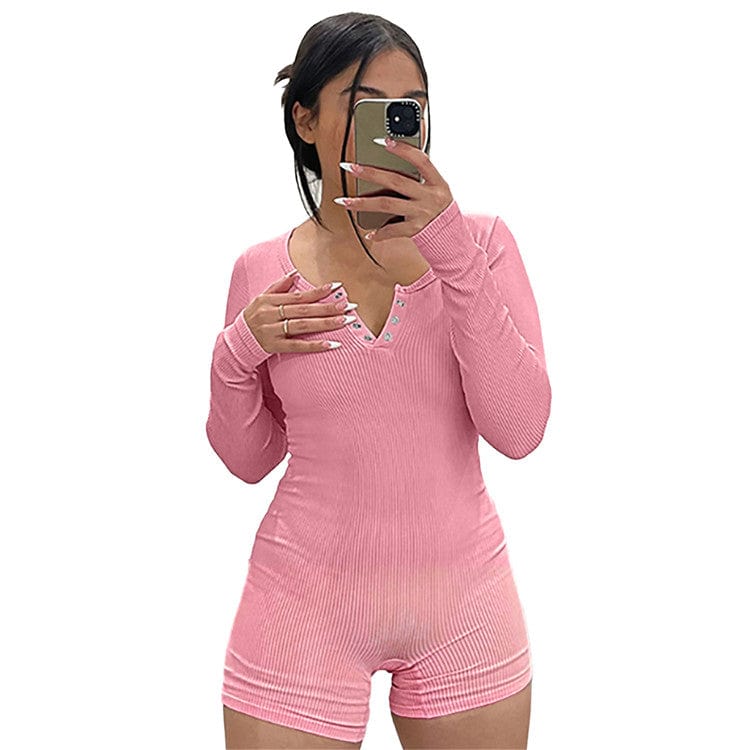 M / Pink Sexy Solid Ribbed Bodycon Romper Spring Outfit For Women 2023 Long Sleeve O Neck Sports One Pieces Female Playsuit