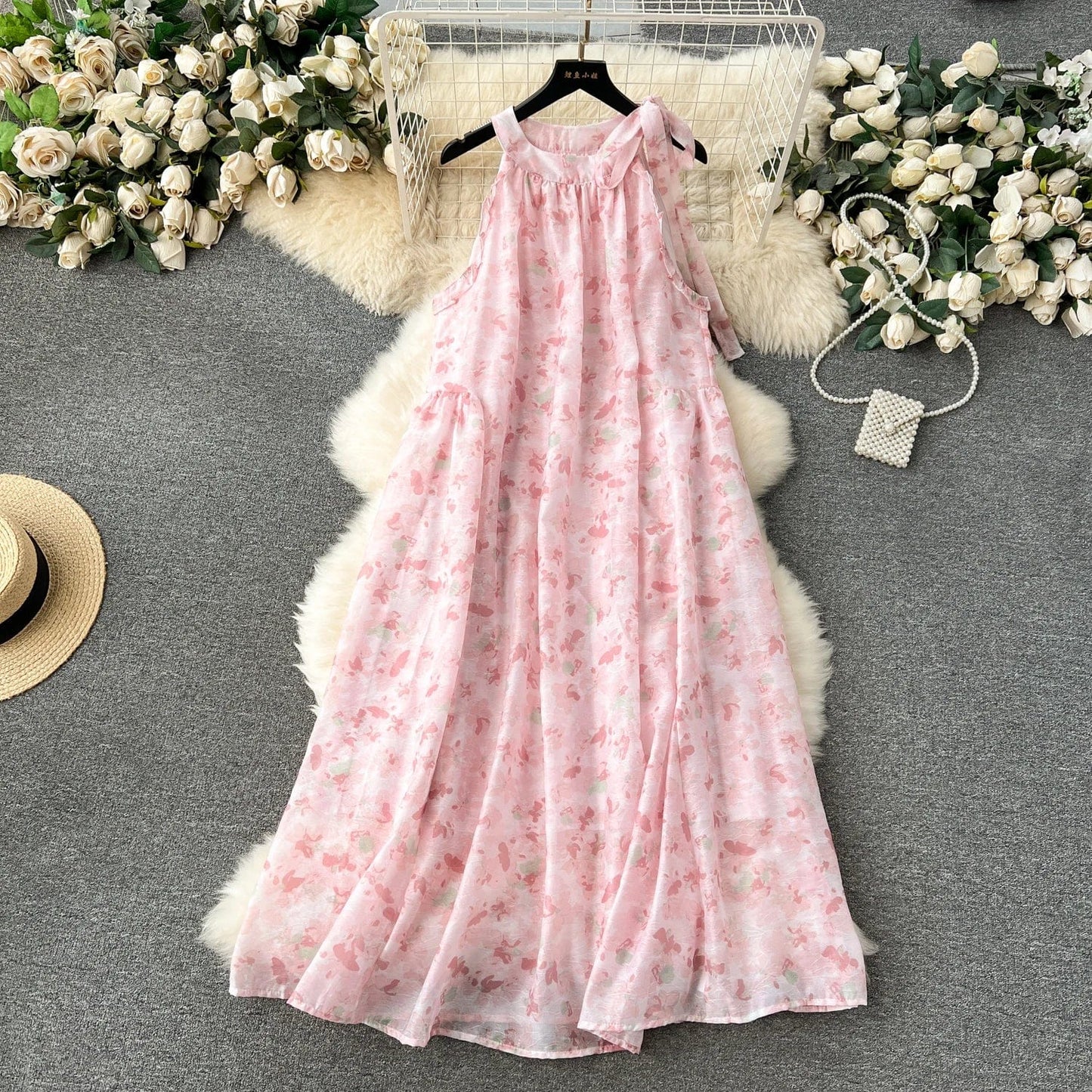 M / Pink Summer Beach Style Halter Midi Dress For Women Empire Lace Dresses Women's Fashion Dresses Clothes Women