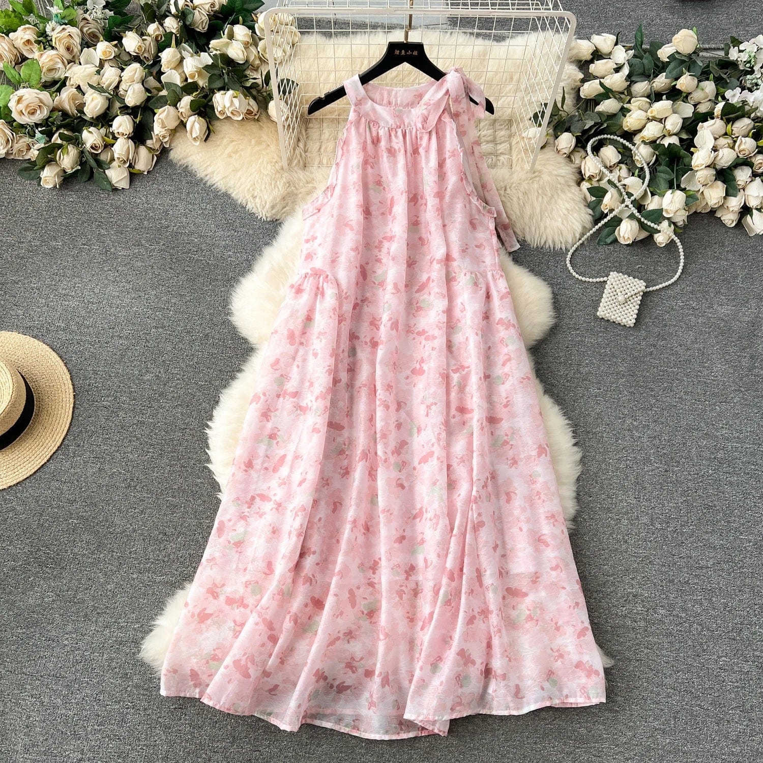 M / Pink Summer Beach Style Halter Midi Dress For Women Empire Lace Dresses Women's Fashion Dresses Clothes Women