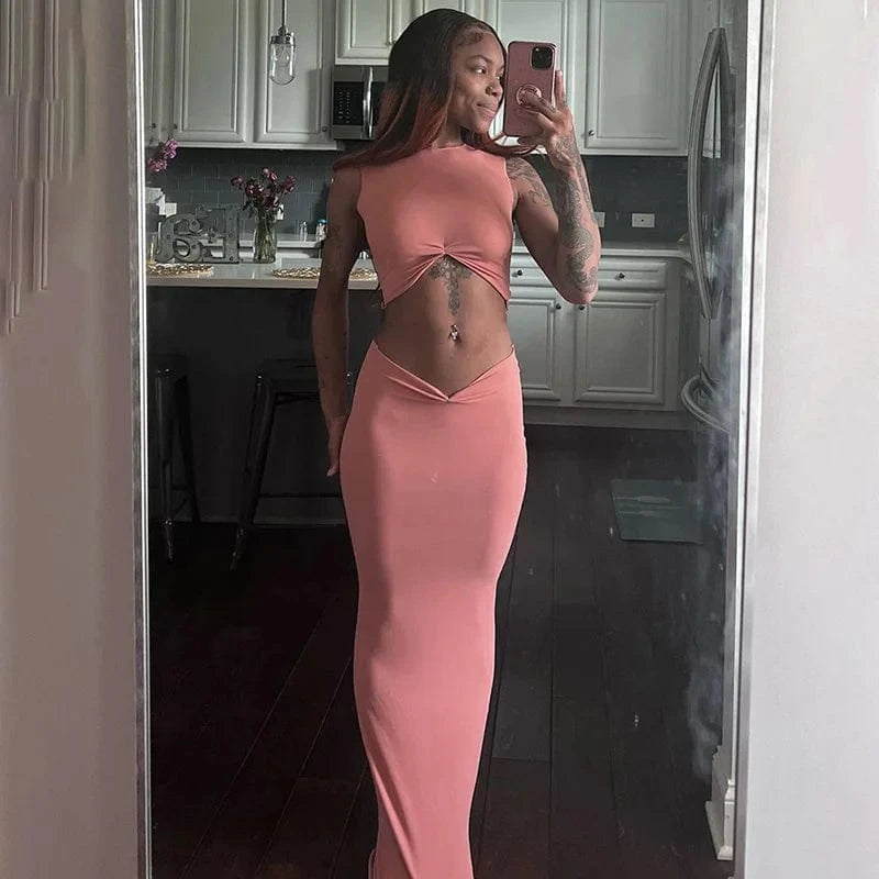 M / Pink Top Quality Fashion Sexy Sleeveless Cropped Vest Long Dress