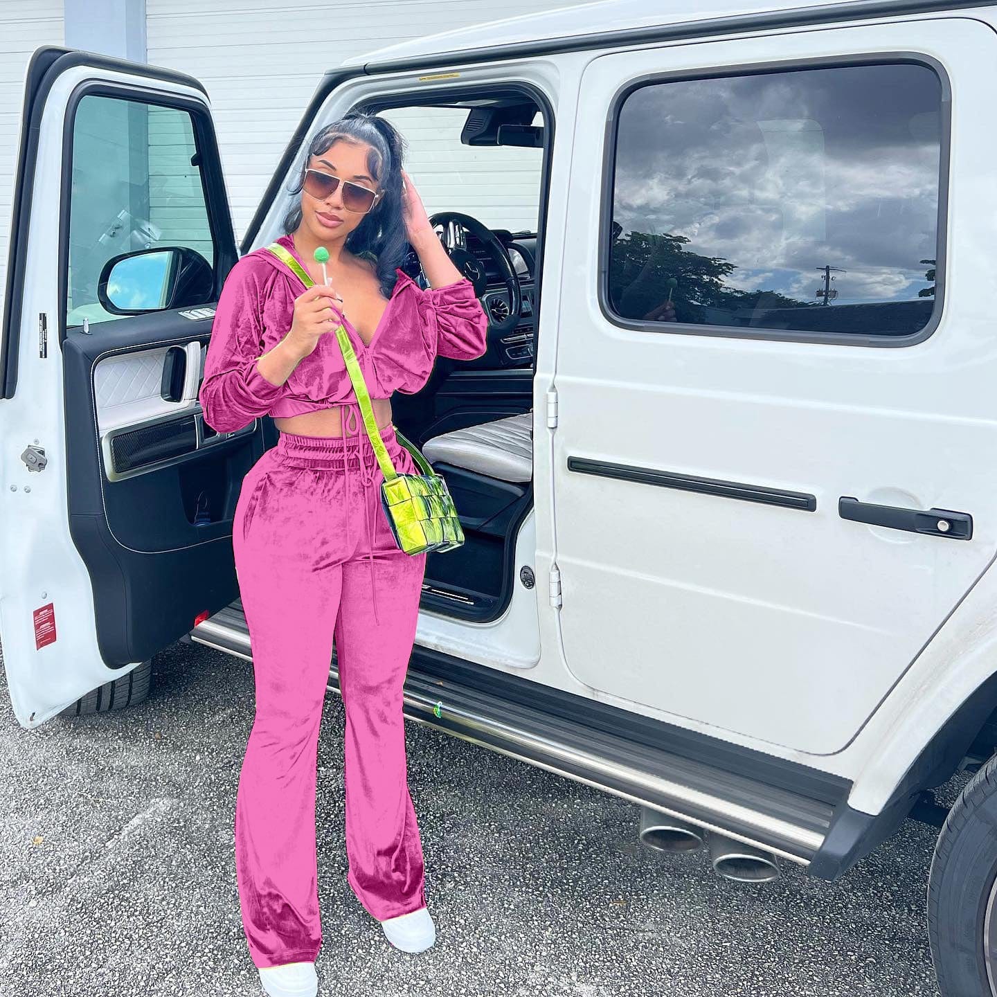 M / Pink Trendy Women Clothes Tracksuit Women's Hoodies & Sweatshirts Wide Leg Pants Lounge wear Velvet Two Piece Set