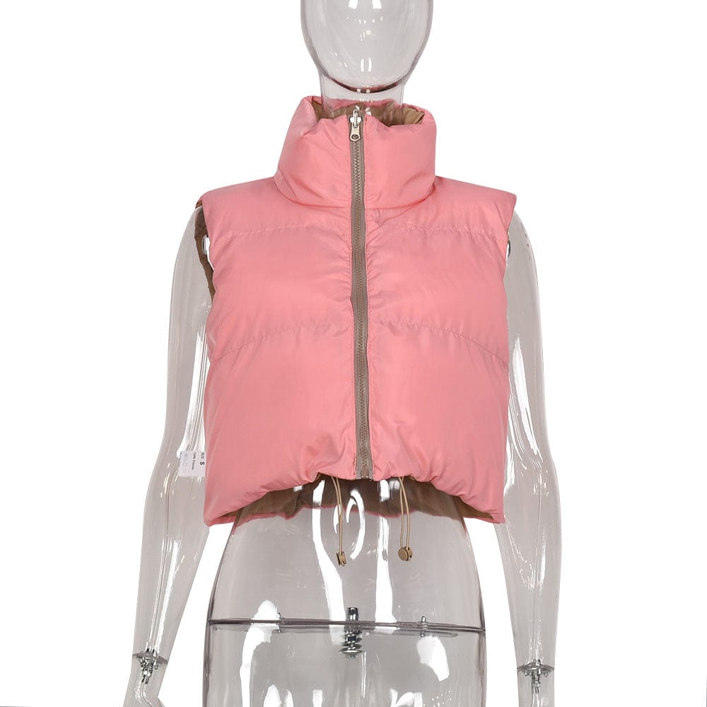 M / Pink Vest winter warm waistcoats lightweight casual color block Double-sided puffer vest stand collar womens down vest
