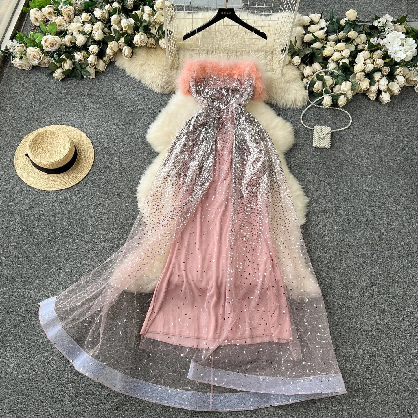 M / Pink Vestidos Ostrich Feather Dress Formal Elegant Dresses Women Evening Party Dress