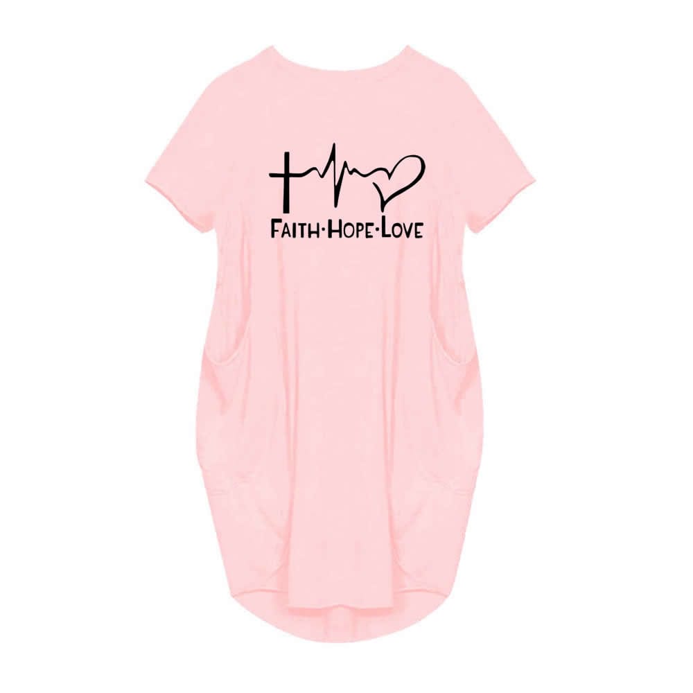 M / Pink Women Dresses Faith Hope Love Heartbeat Cross Jesus Short Sleeve Dress Letters Print Clothing Summer Vestidos Drop Ship 5XL