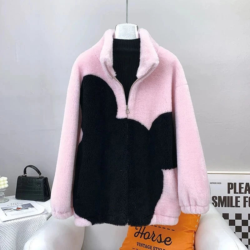 M / Pink Women Lady Lamb Fur Causal Coats Female Girl Sheep Shearling Winter Jacket Overcoat JT3231