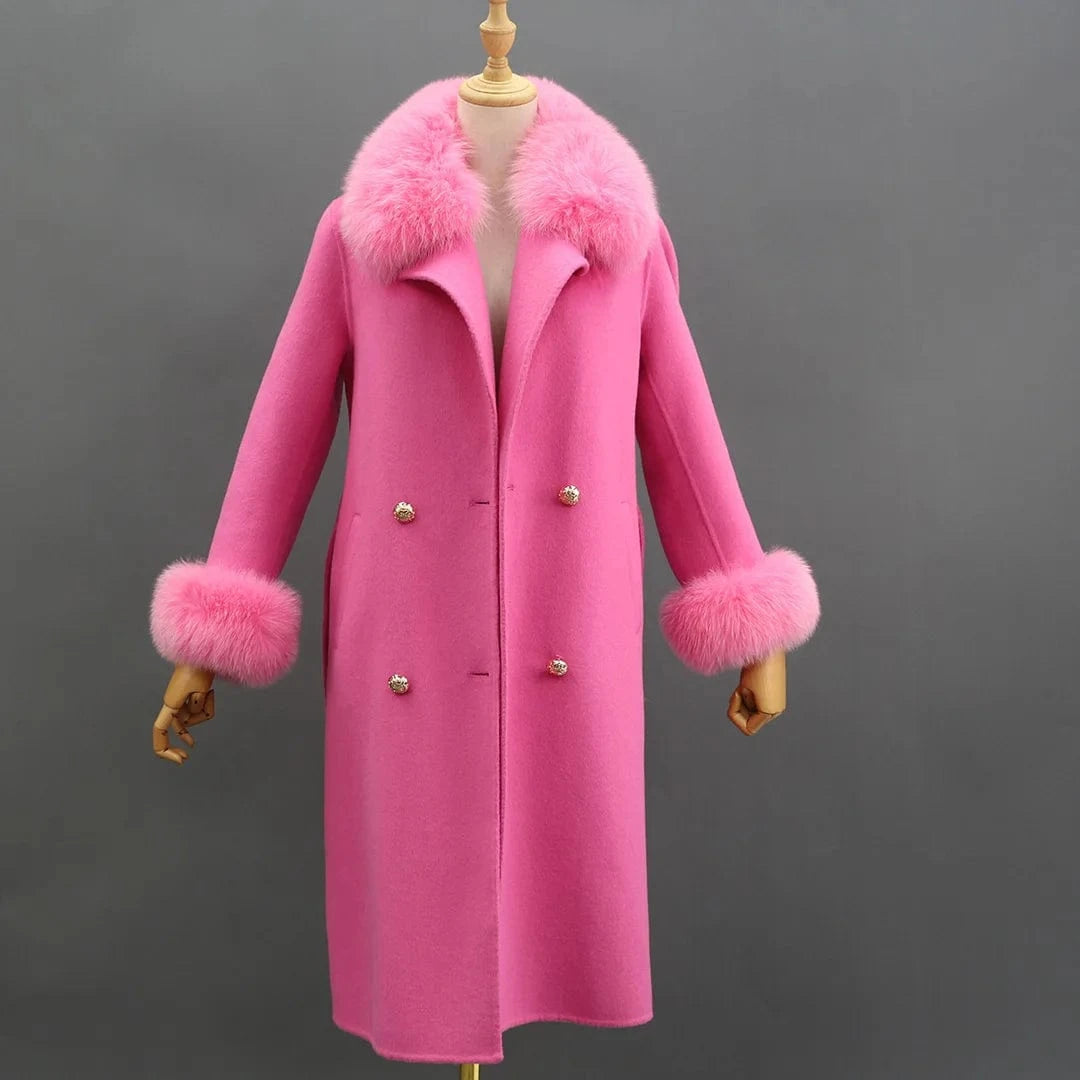 M / Plum Winter Trend Real Fox Fur Collar Cashmere Wool Coat with Fur Cuffs
