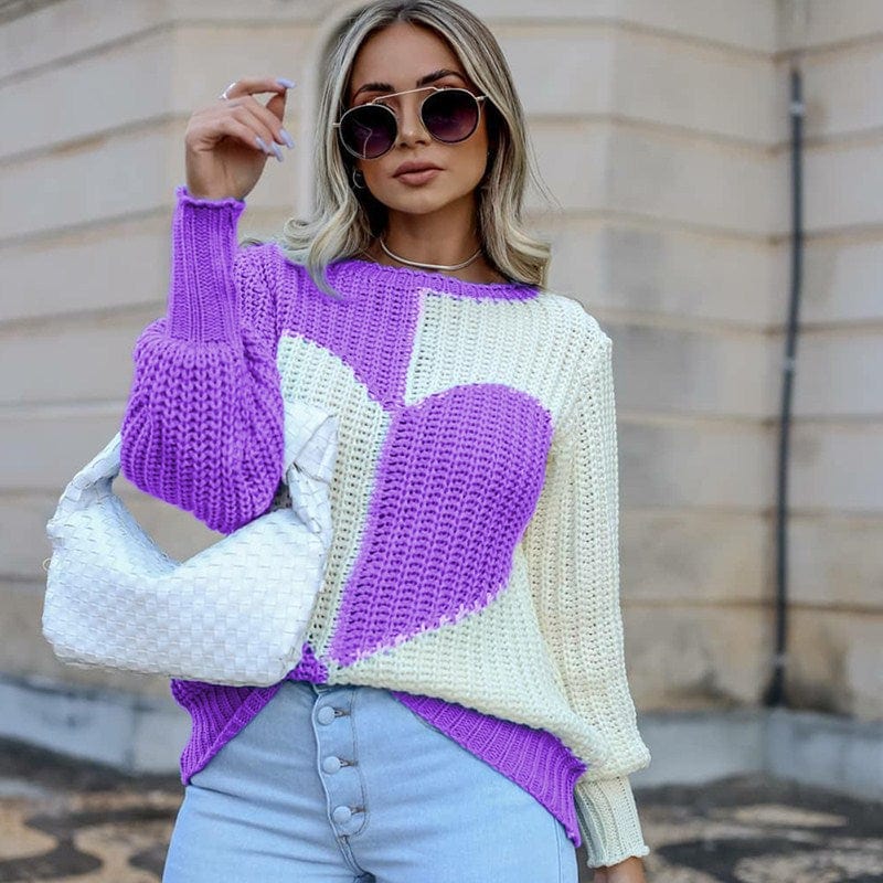 M / Purple Autumn And Winter New Round Neck Irregular Pullover Base Women's Elegant Bell Sleeve Love Contrast Color Knitted Sweater