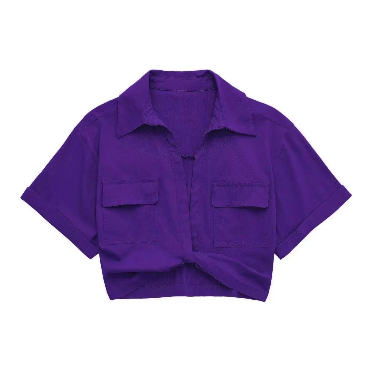 M / Purple Available New Casual High Stretch Short Sleeve Shirts Vintage Cute Crop Top Women Blouses with Front Twist Knot