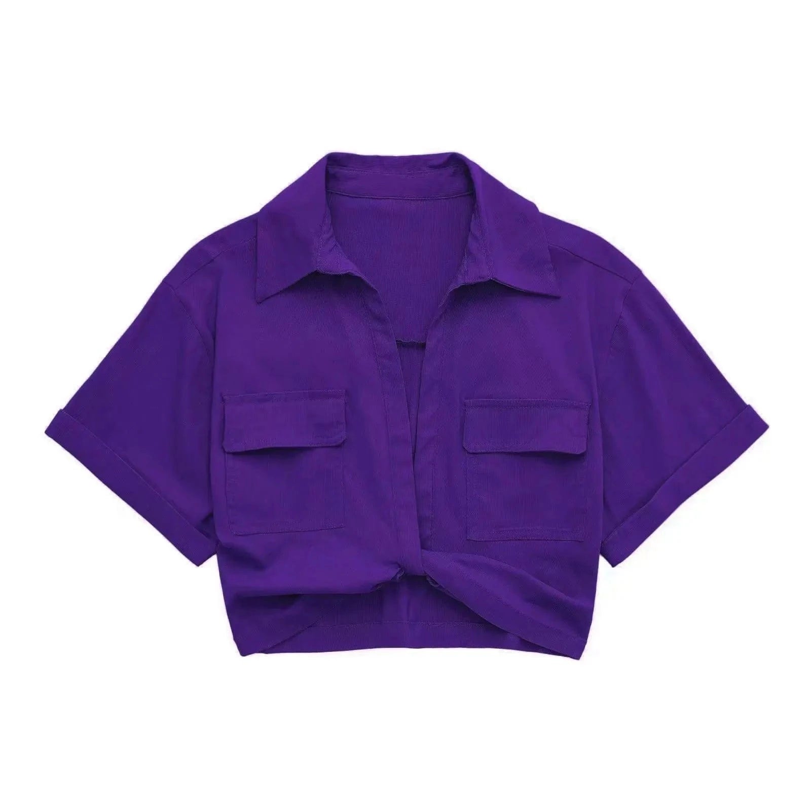 M / Purple Available New Casual High Stretch Short Sleeve Shirts Vintage Cute Crop Top Women Blouses with Front Twist Knot