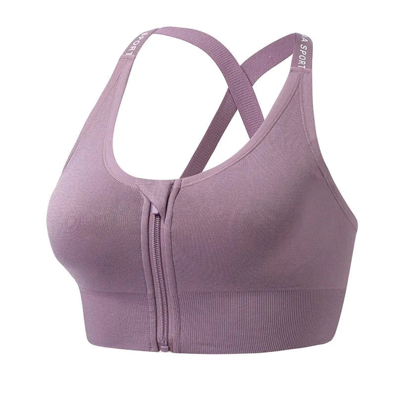 M / Purple Cross Letter Shoulder Straps Thread Fit Sujetador Deportivo Wireless Fitness Gym Yoga Bra Seamless Zipper Sports Bra For Womens