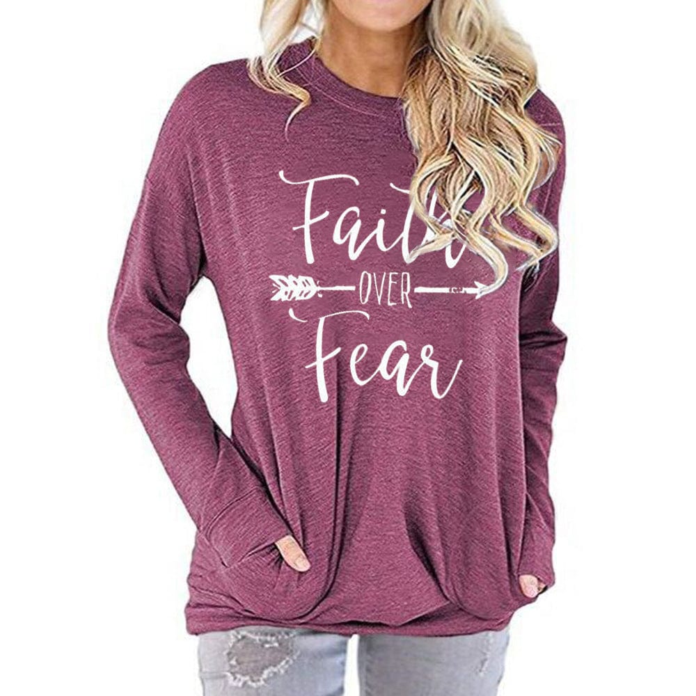 M / Purple Faith over Fear printed round neck long sleeve t-shirt