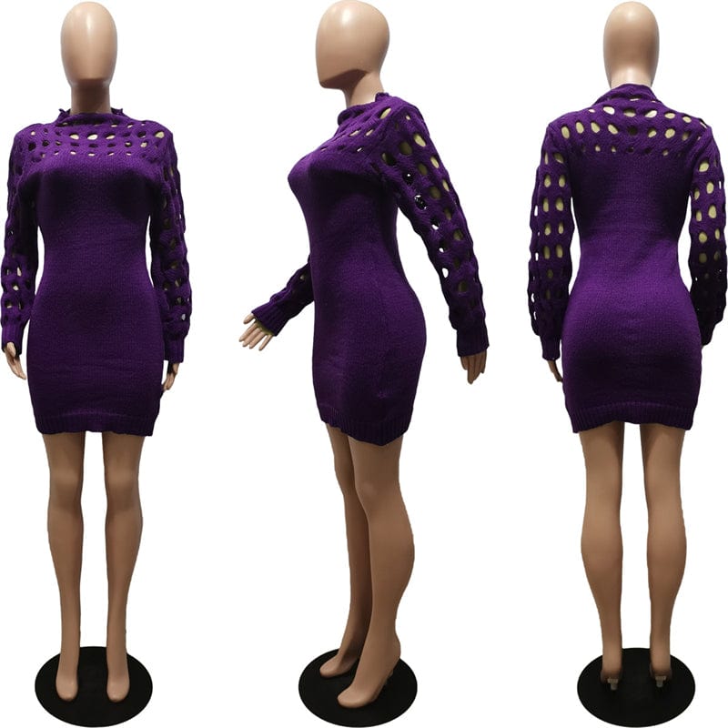 M / Purple ladies women spring 2023 sexy red knit jersey long sleeve hollow out bodycon night club dress spring 2023 clothing for women