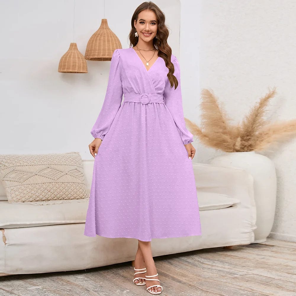 M / Purple New V-neck Long Sleeve Printed Solid Color Waist Loose Spring  Autumn Daily Commute Casual  Women Lady Long Dress