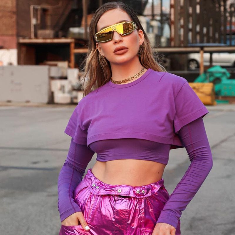 M / Purple OUDINA New Solid Color Casual Round Neck Women Fashion Tops Long Sleeve Women Crop Top