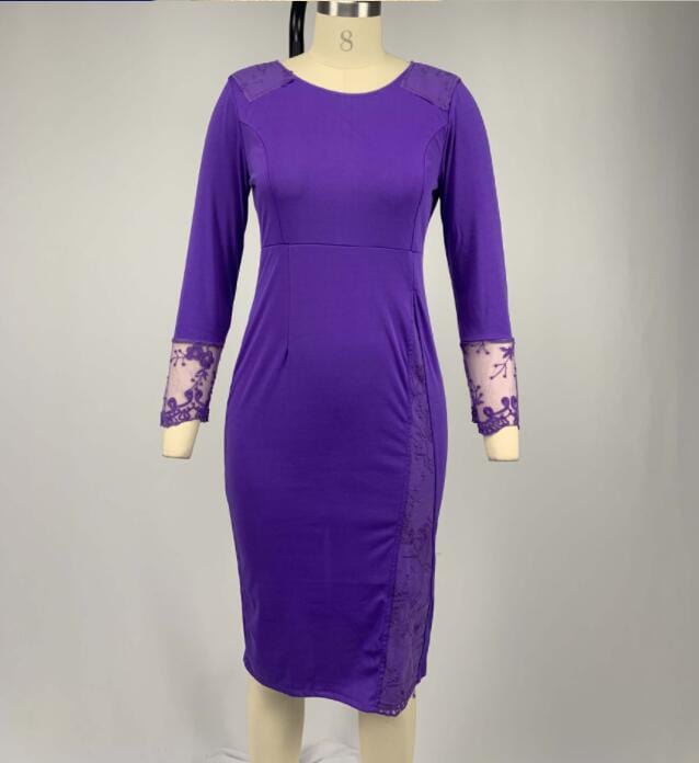 M / Purple Red O Neck Petal Sleeve Lace Patchwork Slim Big Size Lady Career Dress
