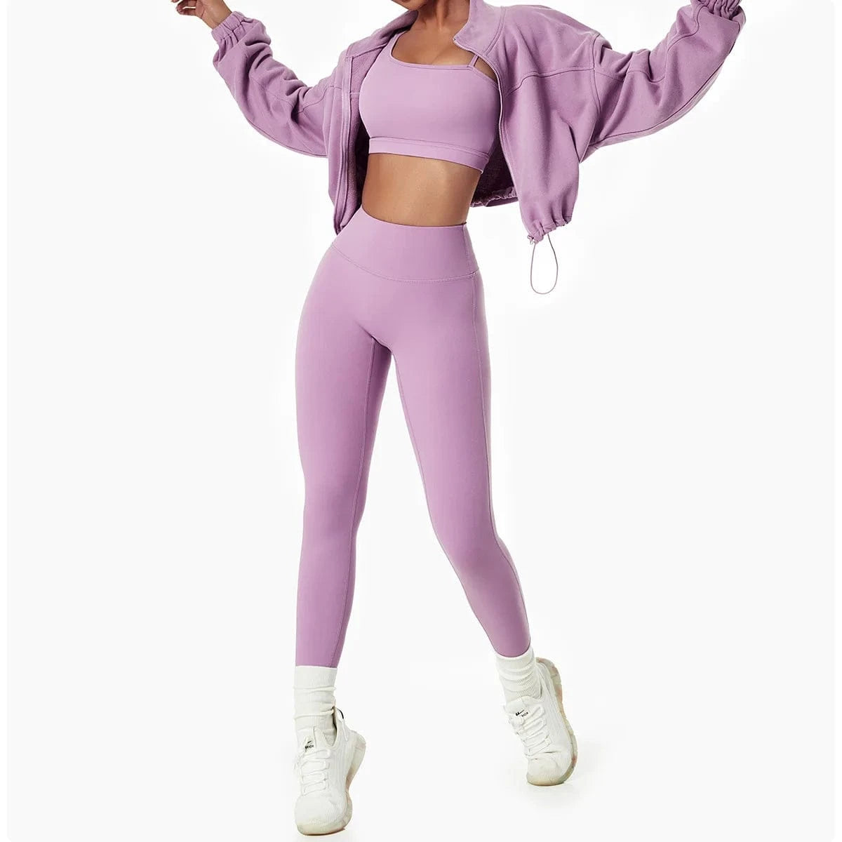 M / Purple set Custom Logo Recyle yoga two piece pant set women Sportswear  Zip Up Jacket and High Waist Legging Activewear yoga Set