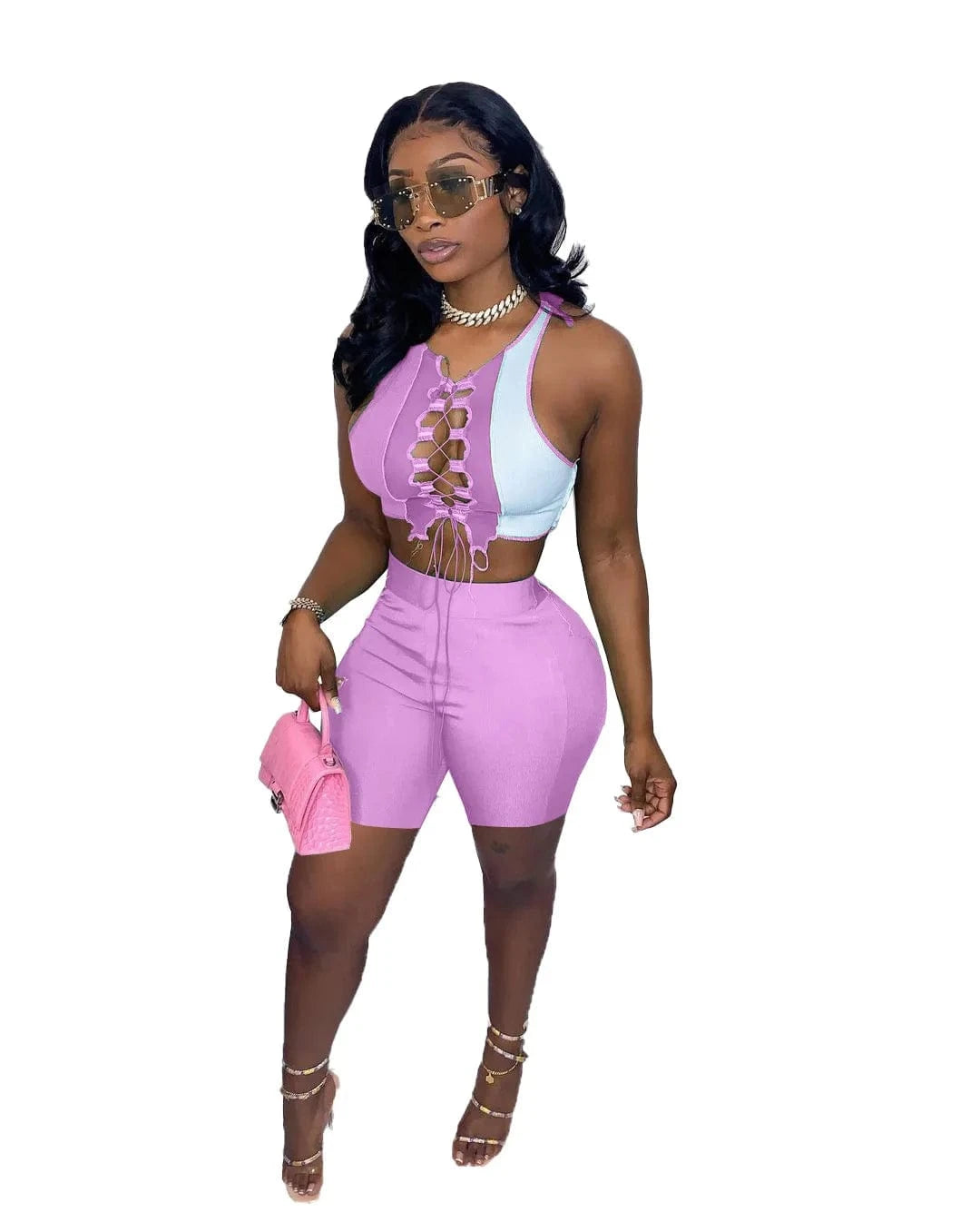 M / Purple Summer Women Casual Two Piece Short Set Sleeveless Lace Up Crop Top Cut Out Sport Sexy 2 Piece Ladies Outfits