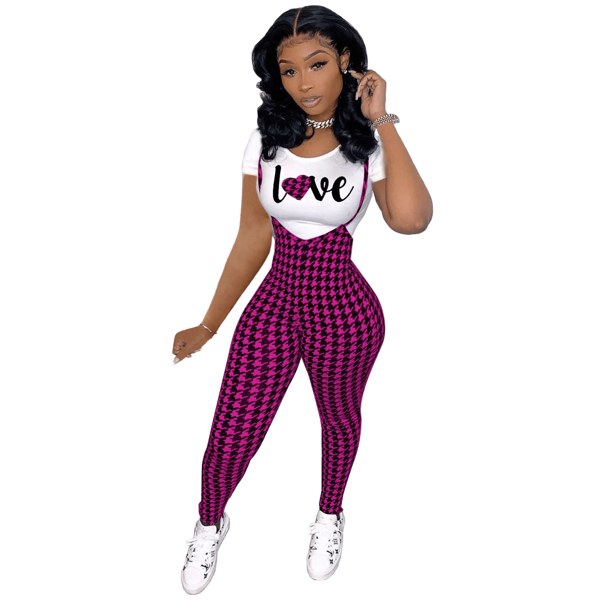 M / Purple Trendy Women Clothes Valentine's Day Cute Sexy Printed Short Sleeve Shirt Bodycon Plaid Straps Jumpsuit 2pcs