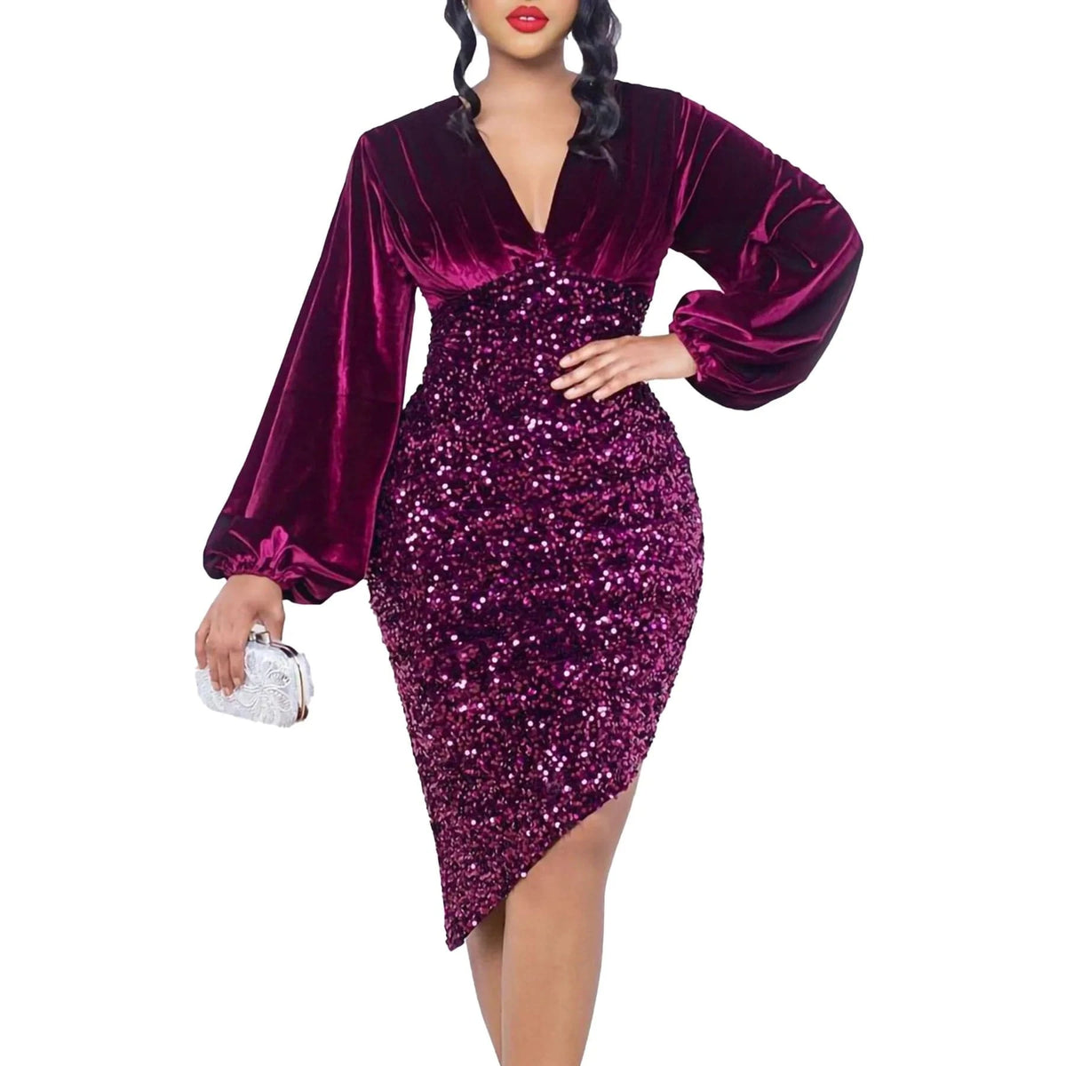 M / Purple Women party short velour long sleeve evening sequin gold dinner dress