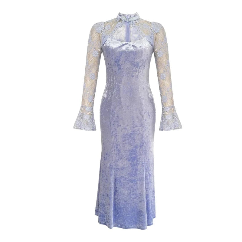 M / Purple ZYHT 20961 Sexy Cut Out Lace Velvet Patchwork Fit and Flare Maxi Dress Mock Neck Long Cheongsam Qipao Dress