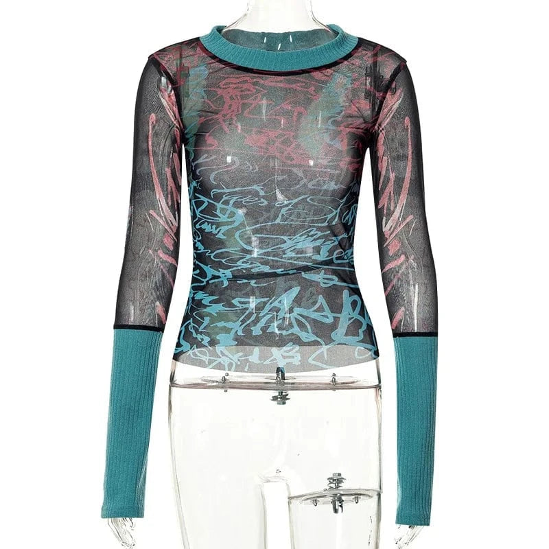 M / Q22TP540 green / Spandex / Polyester Cutenova Q22TP540 Fashion Letter  Patchwork Women'S Chic Top  Mesh Top For Women Long Sleeve T Shirt