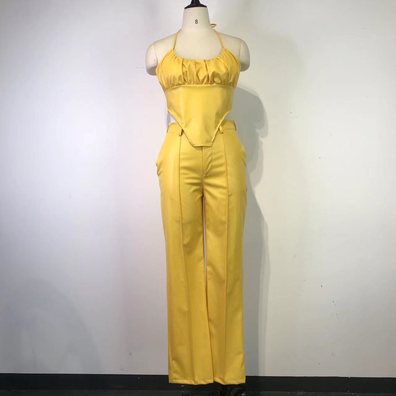 M / QWST21 yellow Bomblook QWST21 2022 PU Leather Two Piece Set Sleeveless Tank Crop Top Skinny Pants Female Casual 2 Pcs Set