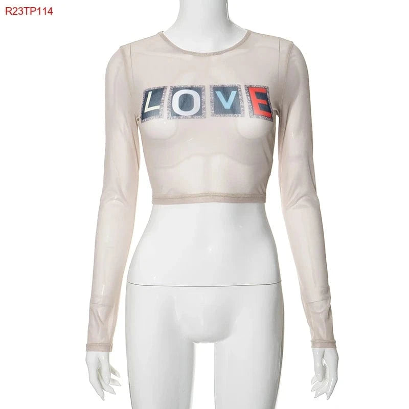 M / R23TP114 Apricot / Spandex / Polyester Cutenova R23TP114 2024 Letter Printed Long Sleeve T Shirt  Mesh Crop Tops For Women