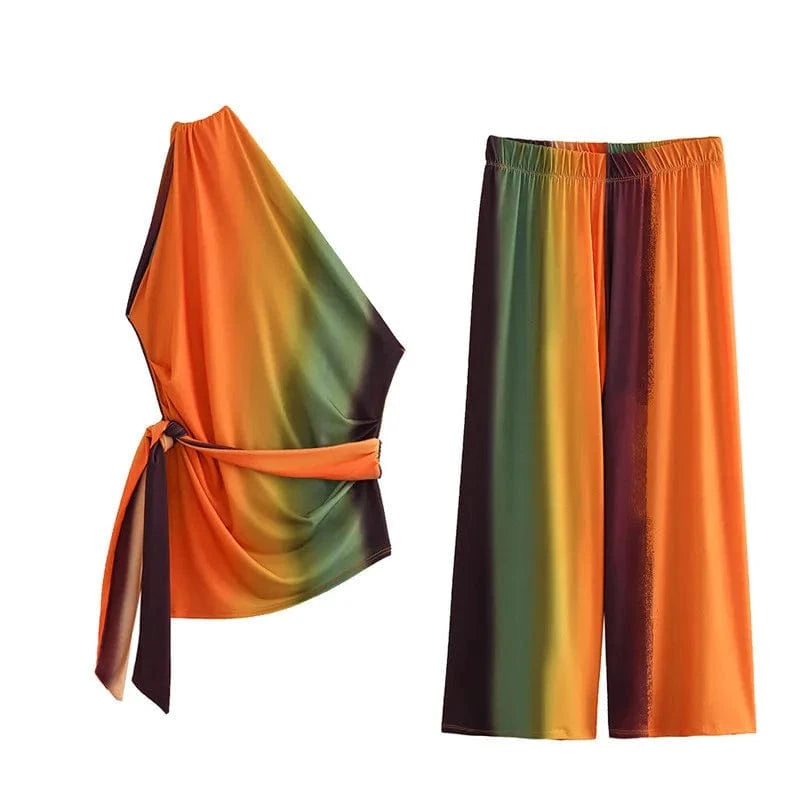 M / rainbow Bow decoration  multi color print asymmetric top wide leg pants set