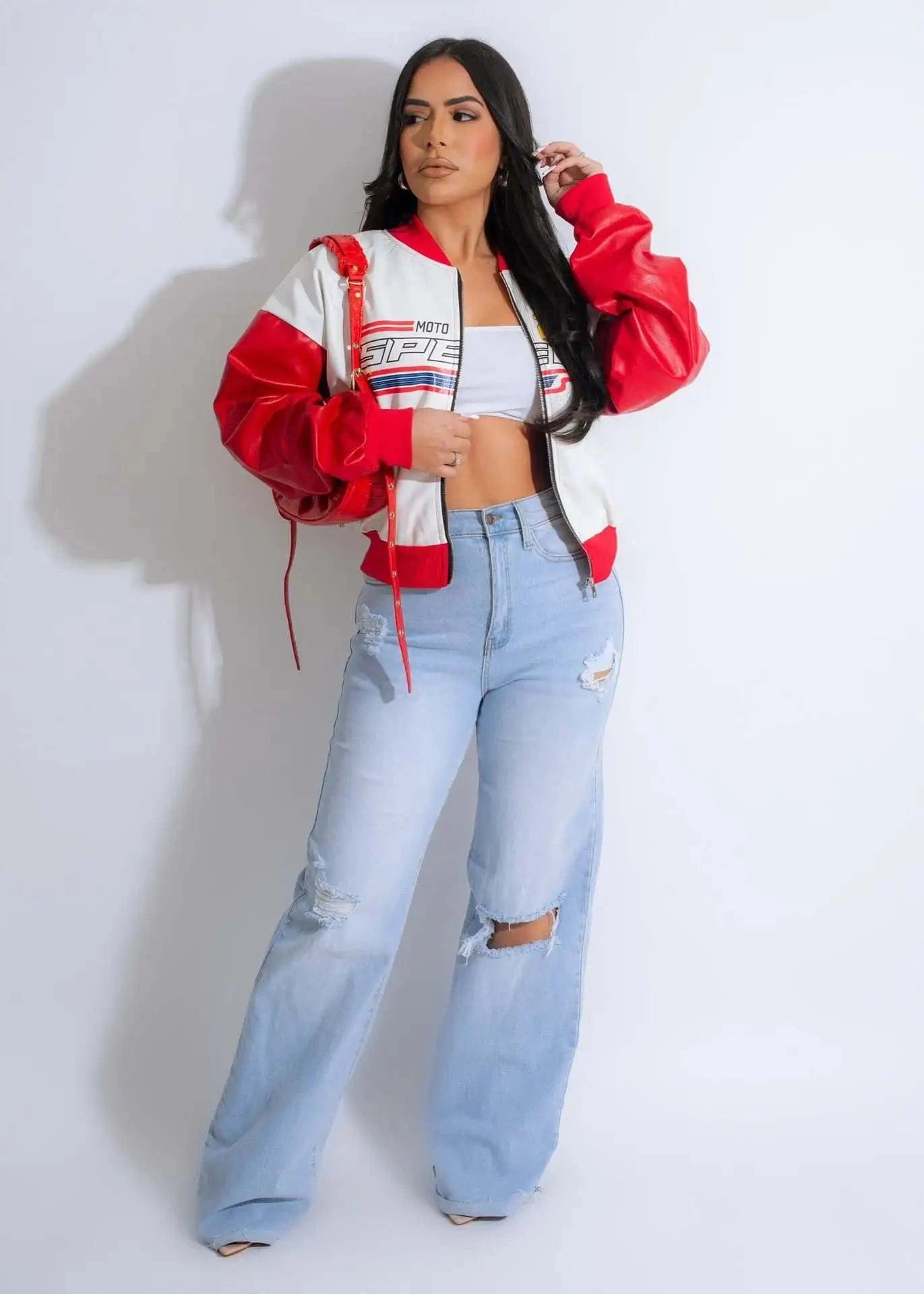 M / Red 2023 Fall Casual PU Jacket Women's Clothing Fashion Printing Letter Shorts Jacket for Ladies