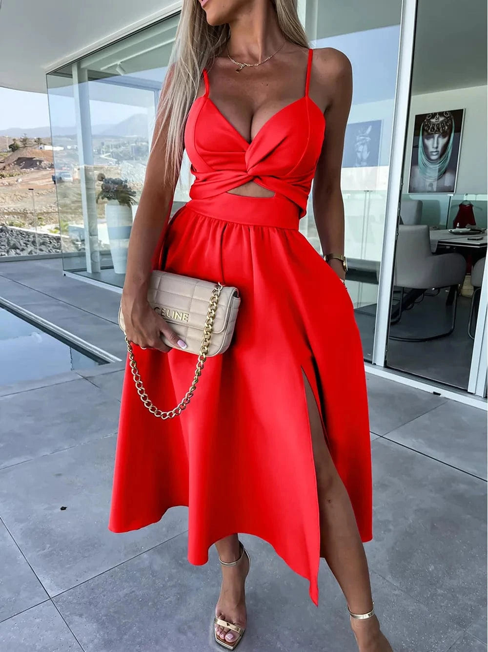 M / Red 2024 Hot Sale Elegant Dress New Women's Suspender V-neck Large Swing Dress Close-fitting Backless Mid-length Dress