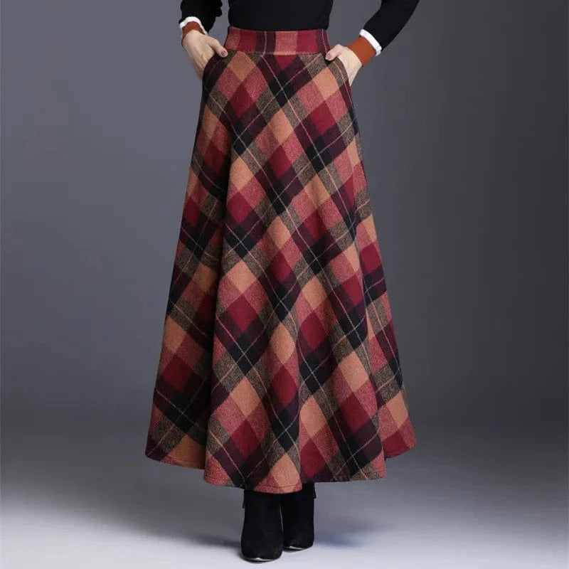 M / Red 2024 New Women Fashion Spring And Autumn Retro Plaid  Elegant Temperament Skirt Mid-length High Waist A-line Women Plaid Skirt