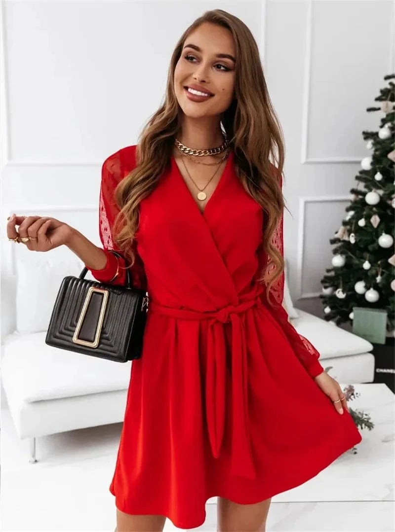 M / Red 2024 Women Lady   Casual Early Spring And Summer Hot Selling Lace Long-Sleeved Dress Women's Elegant Dress