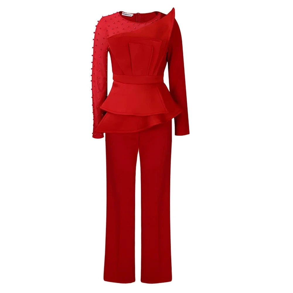M / Red Asymmetrical Sleeve Patchwork Beading Women Red Jumpsuits For Christmas