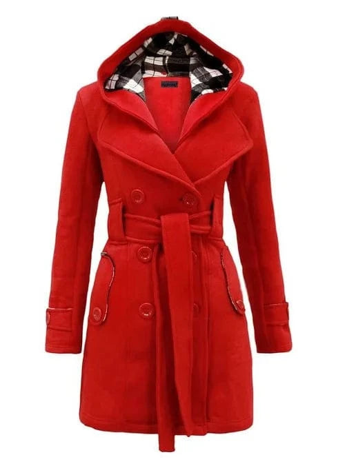 M / Red Autumn Winter Woollen Long Sleeve Double Breasted Long Coat Women Plaid Hooded Jacket Fashion Slim Overcoat E8753
