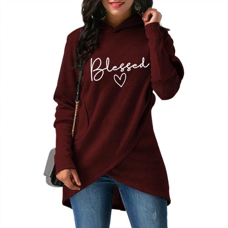 M / Red blessed Fashion Women Hoodies Sweatshirts Long Sleeve Cross irregular Pullover Loose Jumper Hooded Sweatshirt Hoodies Tops