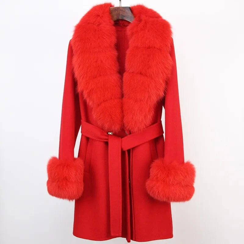 M / Red Cashmere Coat Women's Mid-Length 2023 Autumn And Winter New Fox Fur Collar Slim-Fit Woolen Coat