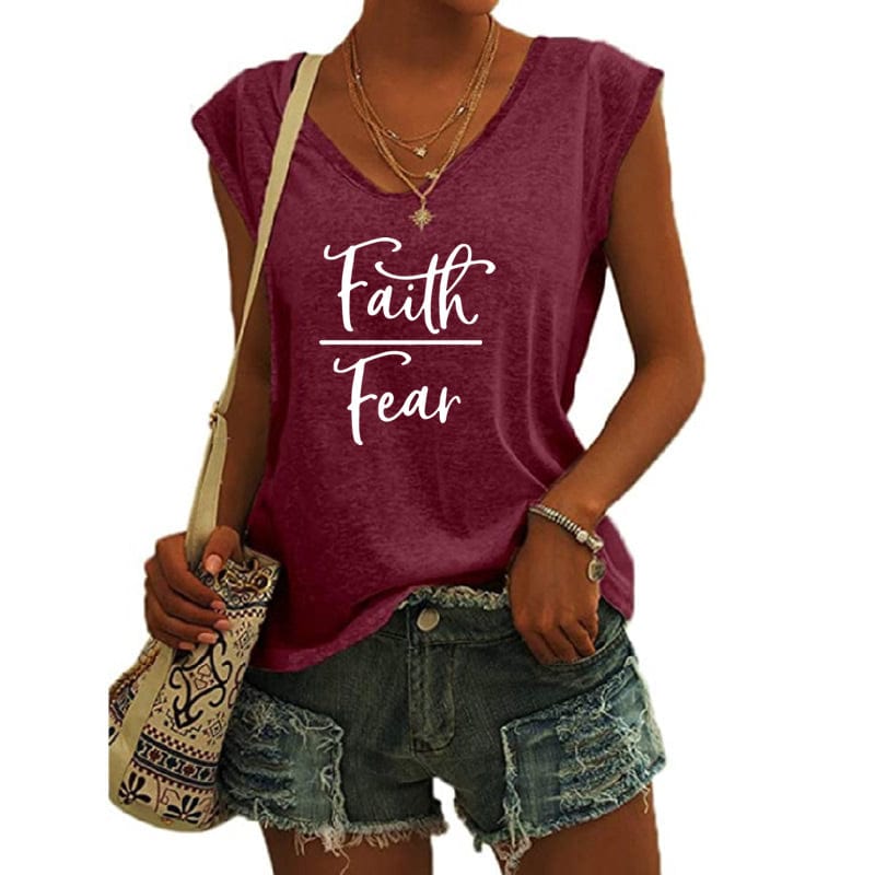 M / Red Faith Over Feac shirts for women drop  t-shirts american clothing tshirts with tshirt custom logo printed y2k cotton shirt