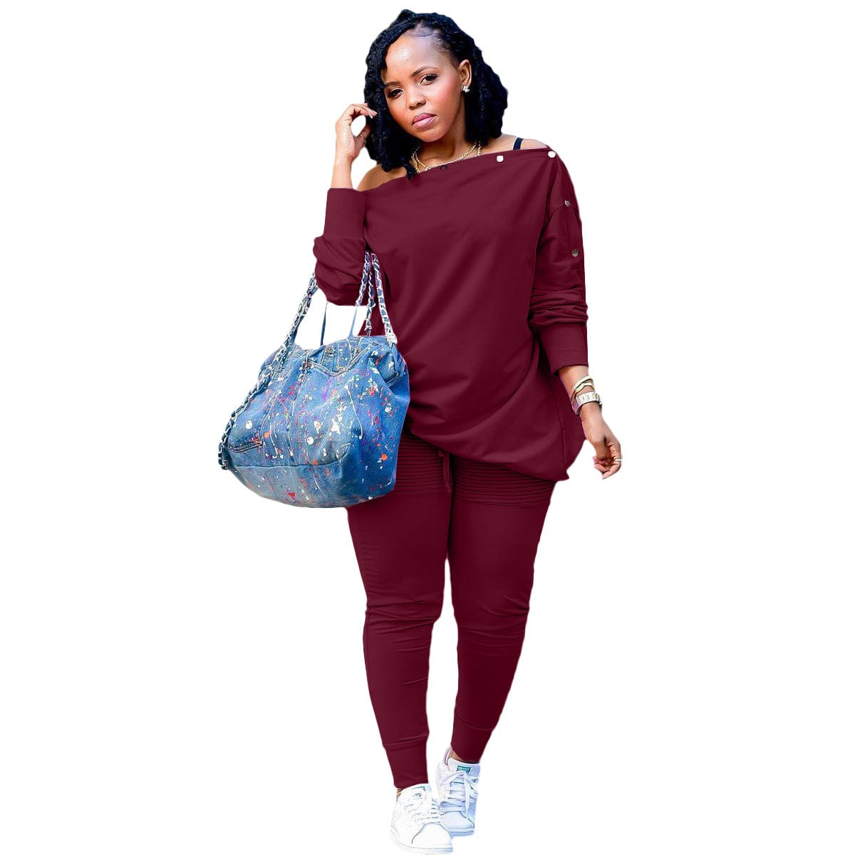 M / Red Fall clothes women one off the shoulder top sweater with button casual two piece pants set